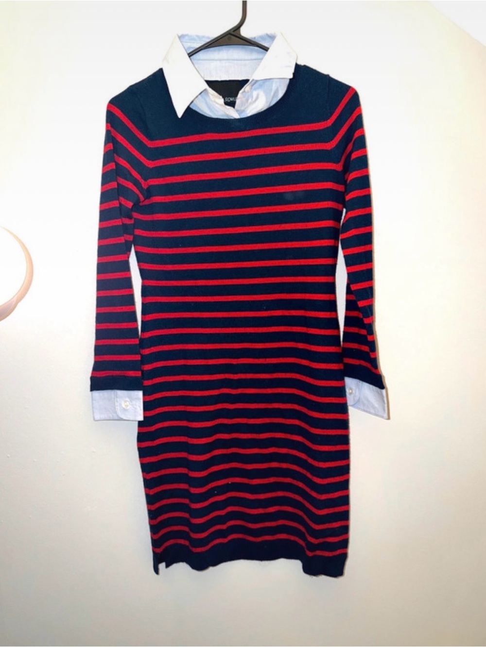 Cynthia Rowley Navy and Red Striped Sweater Dress with Faux Shirt Collar